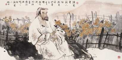 李晓白 壬申（1992）年作 採菊图 镜心